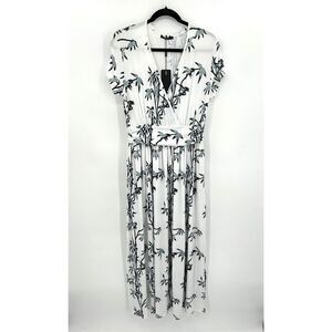 NWT OUGES Black White Blue Floral Print Faux Wrap Stretch Maxi Dress Size Medium